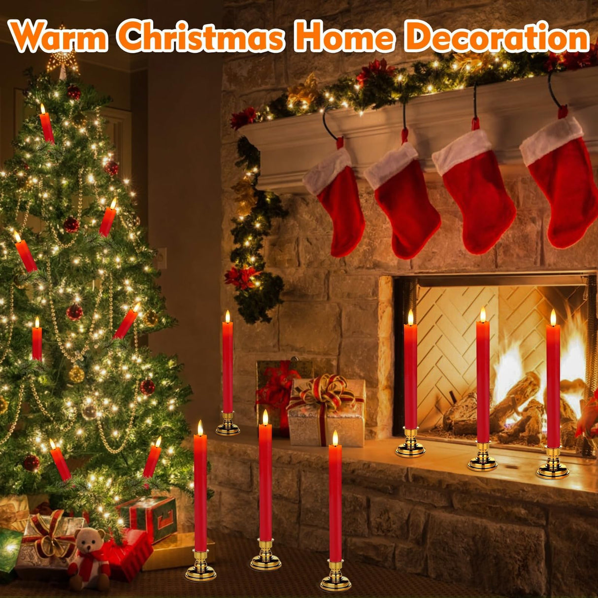 HINZER 6 Pcs Flameless Taper Candles with Remote & Timer 9.6 inch Real Wax Battery Operated LED Warm 3D Wick Flickering Window Candles for Halloween Christmas Wedding Decor, Red