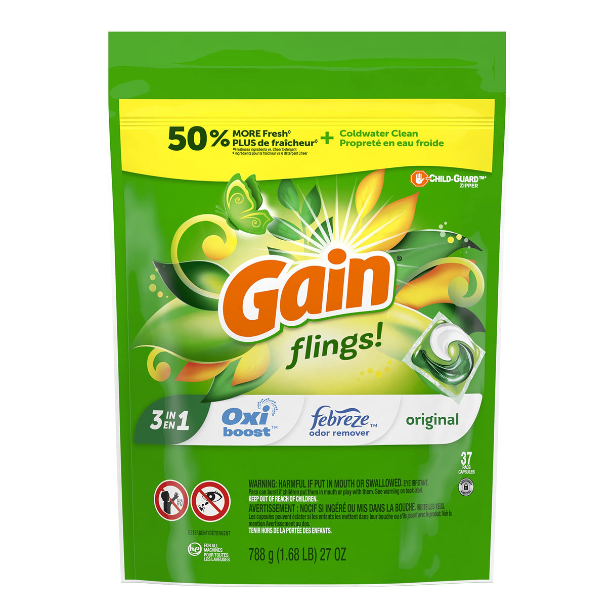 Gain flings! Liquid Laundry Detergent Soap Pacs, HE Compatible, 3 Bag Value Pack, 111 Count, Long Lasting Scent, Original Scent