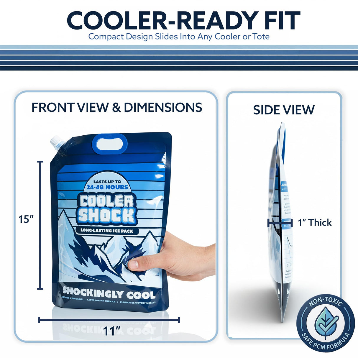 Cooler Shock Reusable Ice Packs for Cooler - Long-Lasting Freezer Packs with Built-in Handle - Large Cooler Size, Pack of 3