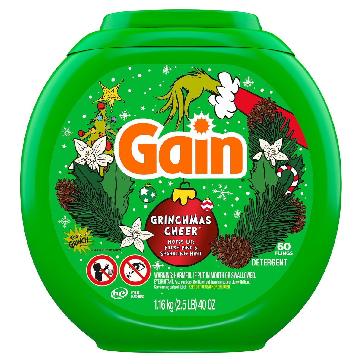 Gain Flings Liquid Laundry Detergent Pods, Odor Defense + Color Guard, Grinchmas Cheer Scent, 4-In-1 Liquid Laundry Detergent Pacs, Clean & Fresh, 60 Count