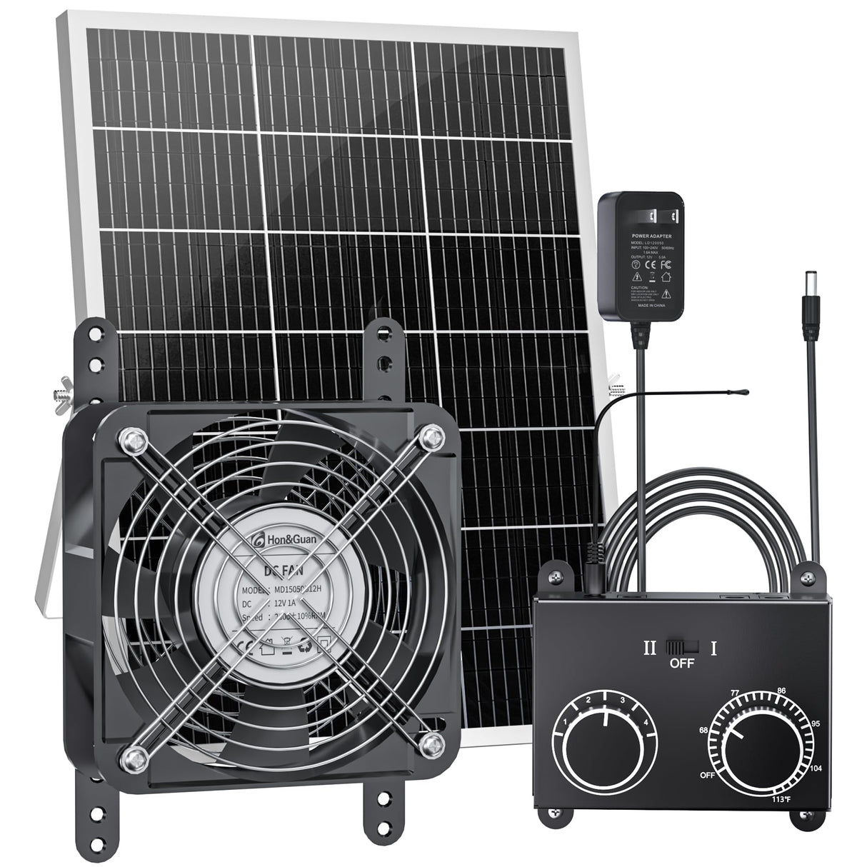 25W Solar Fan for Chicken Coop with Thermostat, Adapter, Metal Solar Powered Exhaust Fan Brushless Motor, MPPT Controller Dual Power Auto-Switch, 24/7 Operation, Dog House, Small Shed Greenhouse