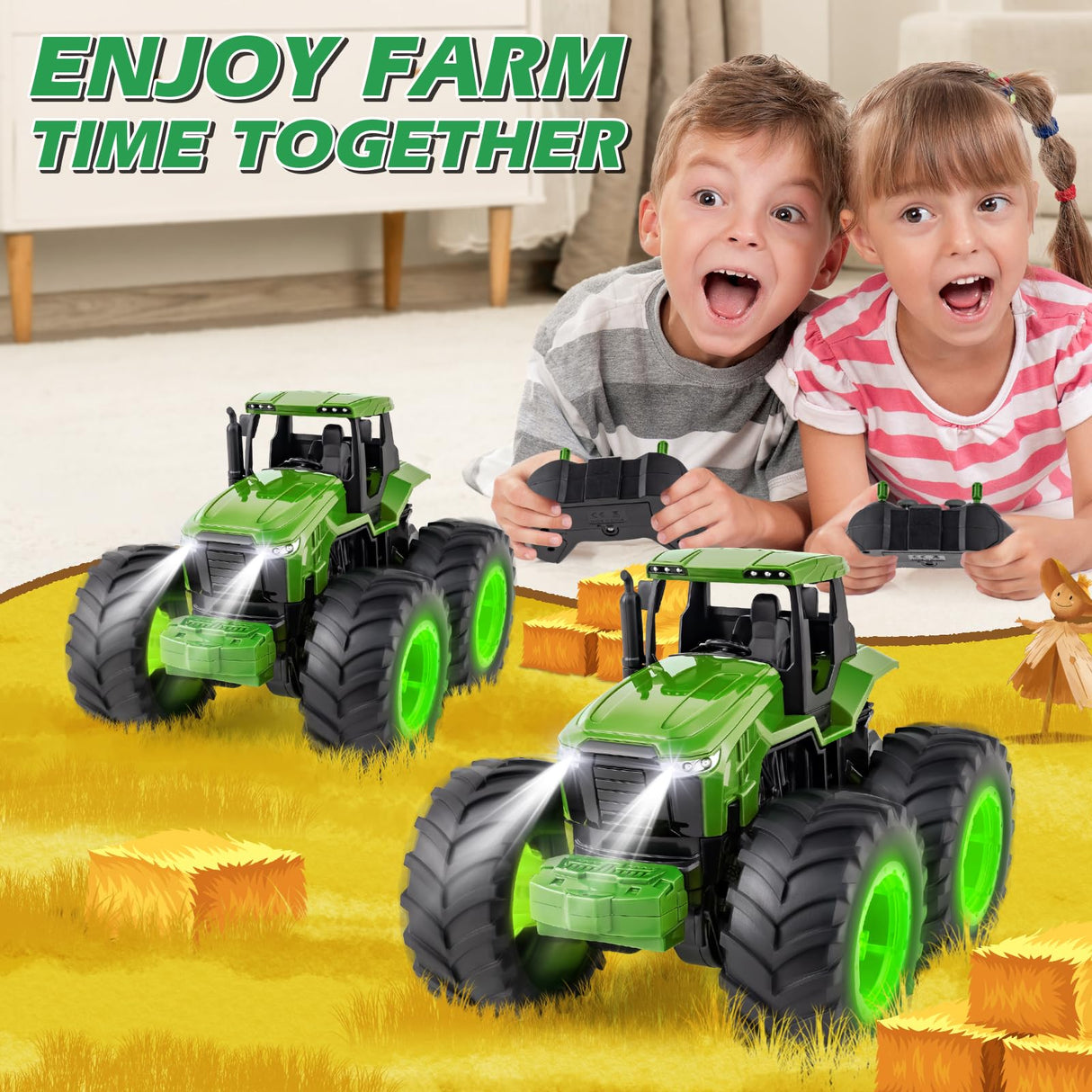 Remote Control Tractor Toys, Light Up Farm Monster Trucks Toy for Boys 3, 4, 5, 6, 7 Year Old, 2.4 Ghz RC Tractor Toys, Ideal Christmas, Birthday Gifts for Kids
