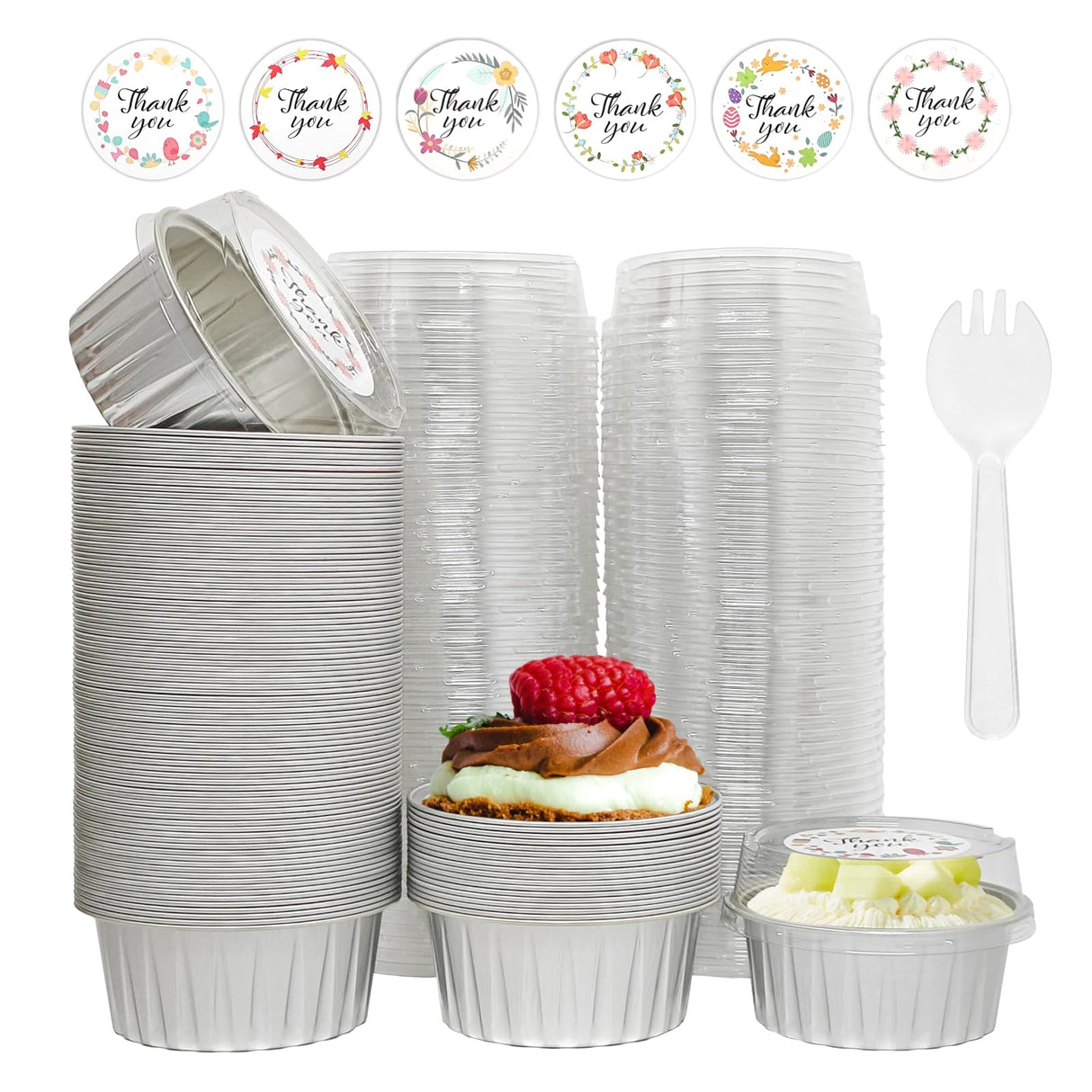 100 Pcs Aluminum Foil Baking Cups with Lids, 5oz Cupcake Liners Dessert Cups,Disposable Ramekins Mini Cake Containers Tin Mini Muffin Liners for Wedding Christmas Party(Silver)