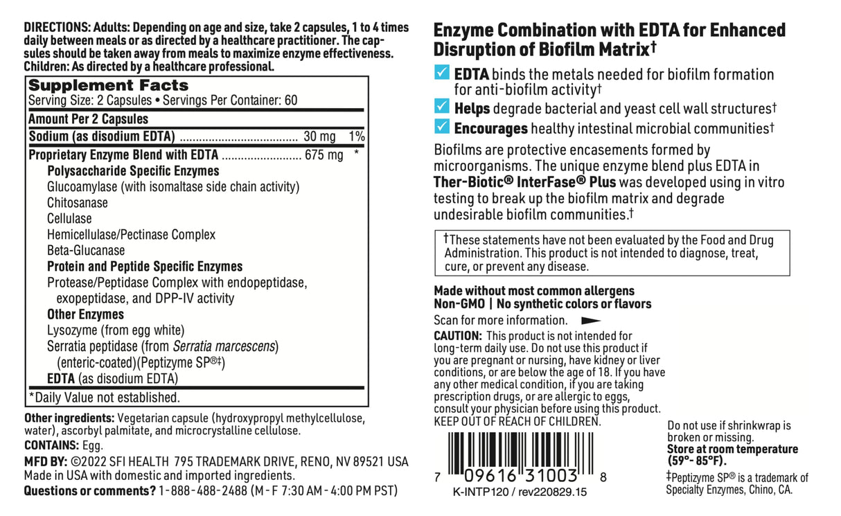SFI Health Klaire Labs Ther-Biotic Interfase Plus - Anti Biofilm Enzymes with EDTA to Support Gut Flora, Toxin Cleanse & Full Body Detox - Promote Biofilm Matrix Disruption (120 Capsules)