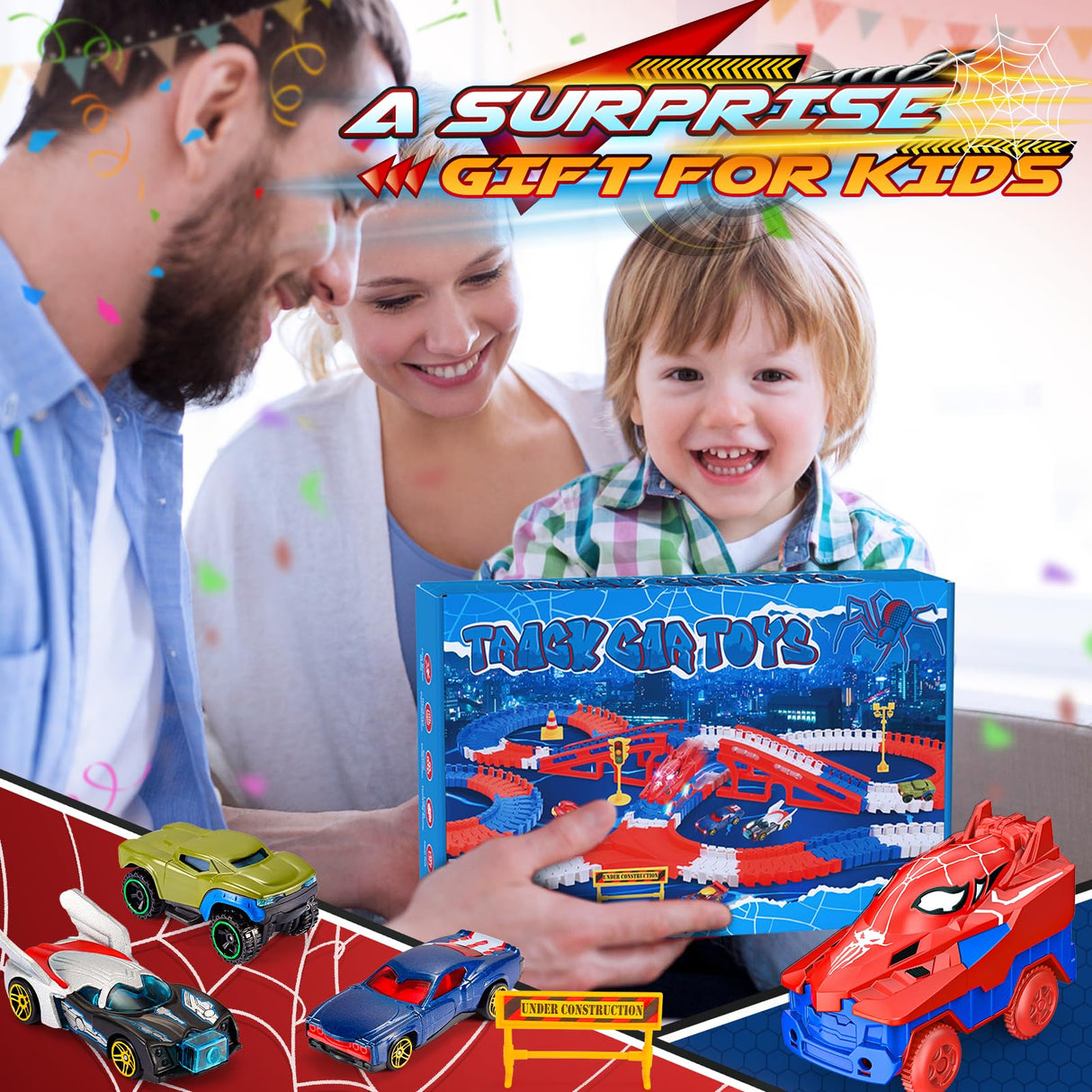 Aetyni Spider Toys for Boys 3-4: 251 PCS Spider Race Track with 5 Alloy Cars Toys for 3 4 5 6 Year Old Boys Car Tracks for Kids Toddler Boy Age 3-5 4-6 6-8 Christmas Birthday Gifts