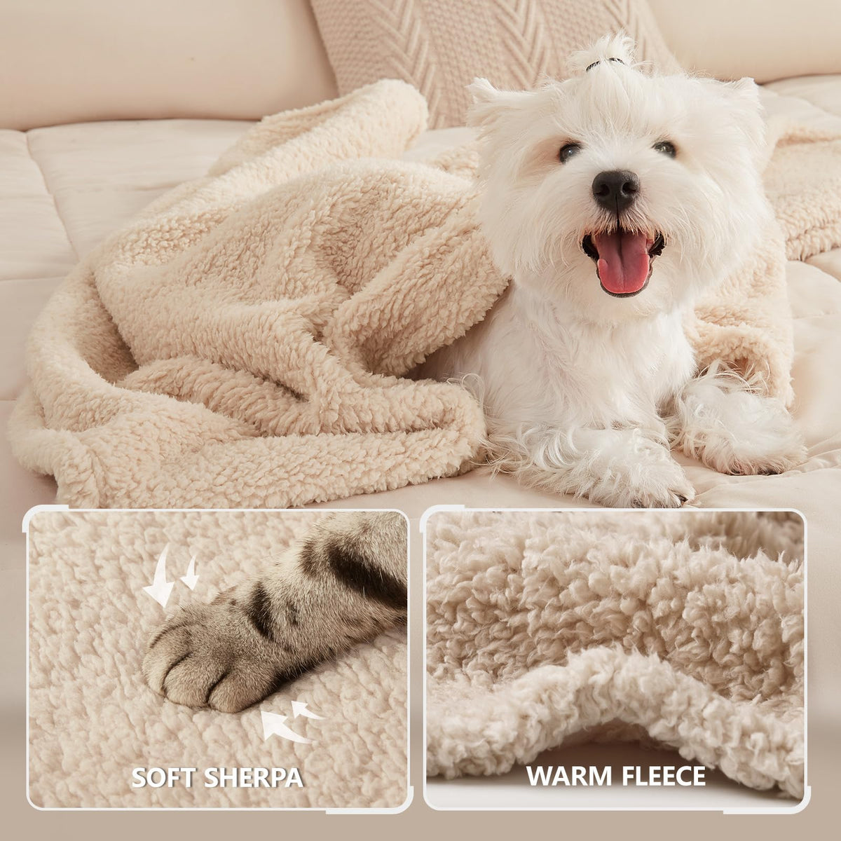 1 Pack 3 Calming Blankets Fluffy Premium Fleece Pet Blanket Soft Sherpa Throw for Dog Puppy Cat Beige Small (23" x16'')