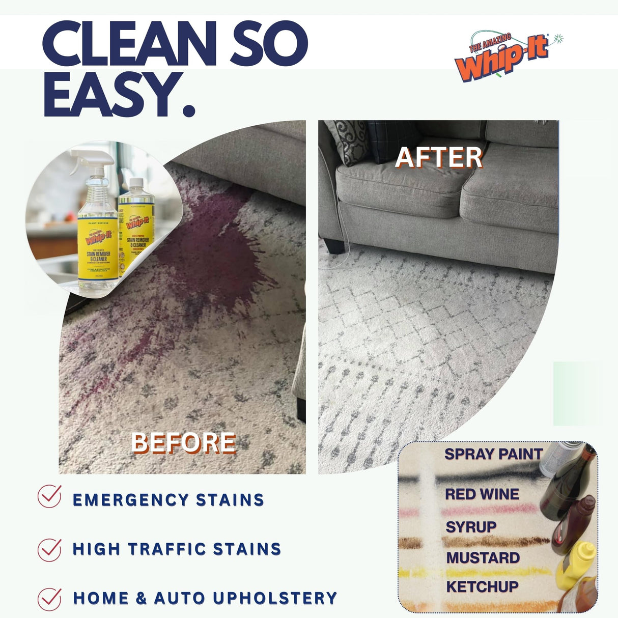 Whip-It All Natural Enzyme Cleaner Stain Fighting Kit - Professional Strength Stain Remover Spray 32oz and Concentrate Multi-Purpose Stain Remover 32oz - Made in the USA