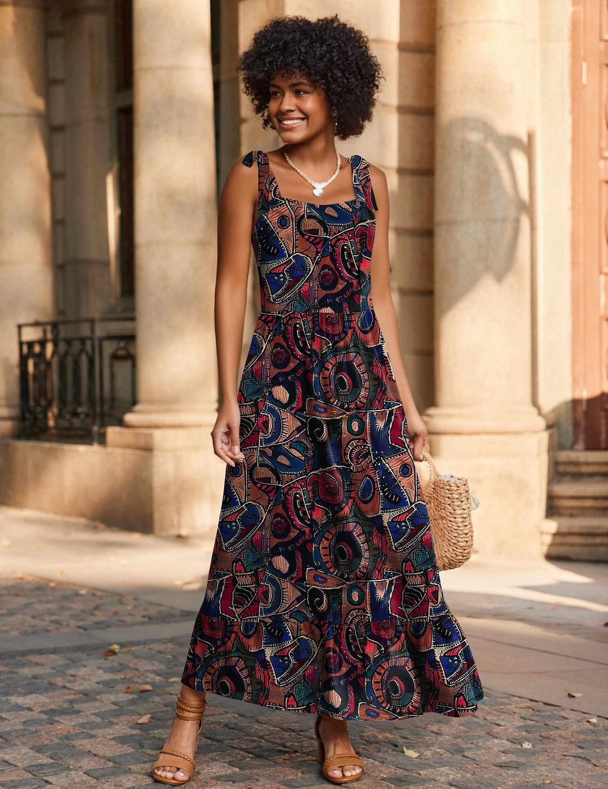 Zeagoo Summer Dress for Women Floral Spaghetti Strap Maxi Dress Casual Tiered Dresses for Women Flowy Dress Vacation Dress with Pockets M