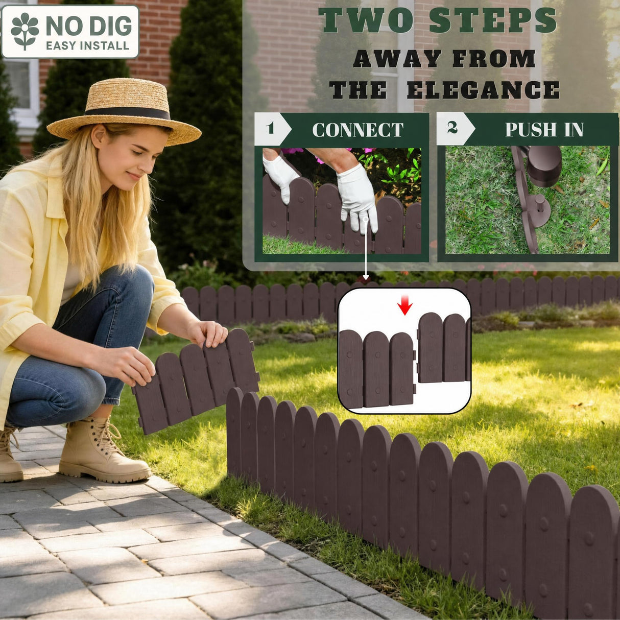Evelyne Garden Border Plastic Edging: Wooden Fence Design - 16pcs Brown Yard Landscaping Fence Liner Lawn Edge Barrier - 20ft Kit of Decorative Lawn Panels Elements -Landscaping Edging-GMT-10374-A16