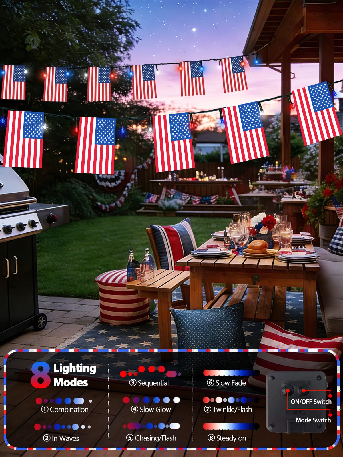4th of July Decorations, Solar American Flag Lights Outdoor with 8 Modes, 18.8FT 25 USA Flags & 50 Red White and Blue LEDs Patriotic String Lights Waterproof for Independence Day 250th Anniversary