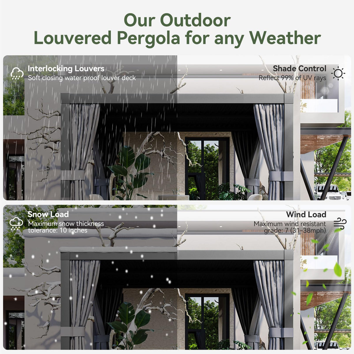 Aoxun Louvered Pergola 10x12 All-Aluminum Outdoor Gazebo with Independent Adjustable Roofs, Waterproof Curtains and Netting, Integrated Drainage System for Patios & Backyard