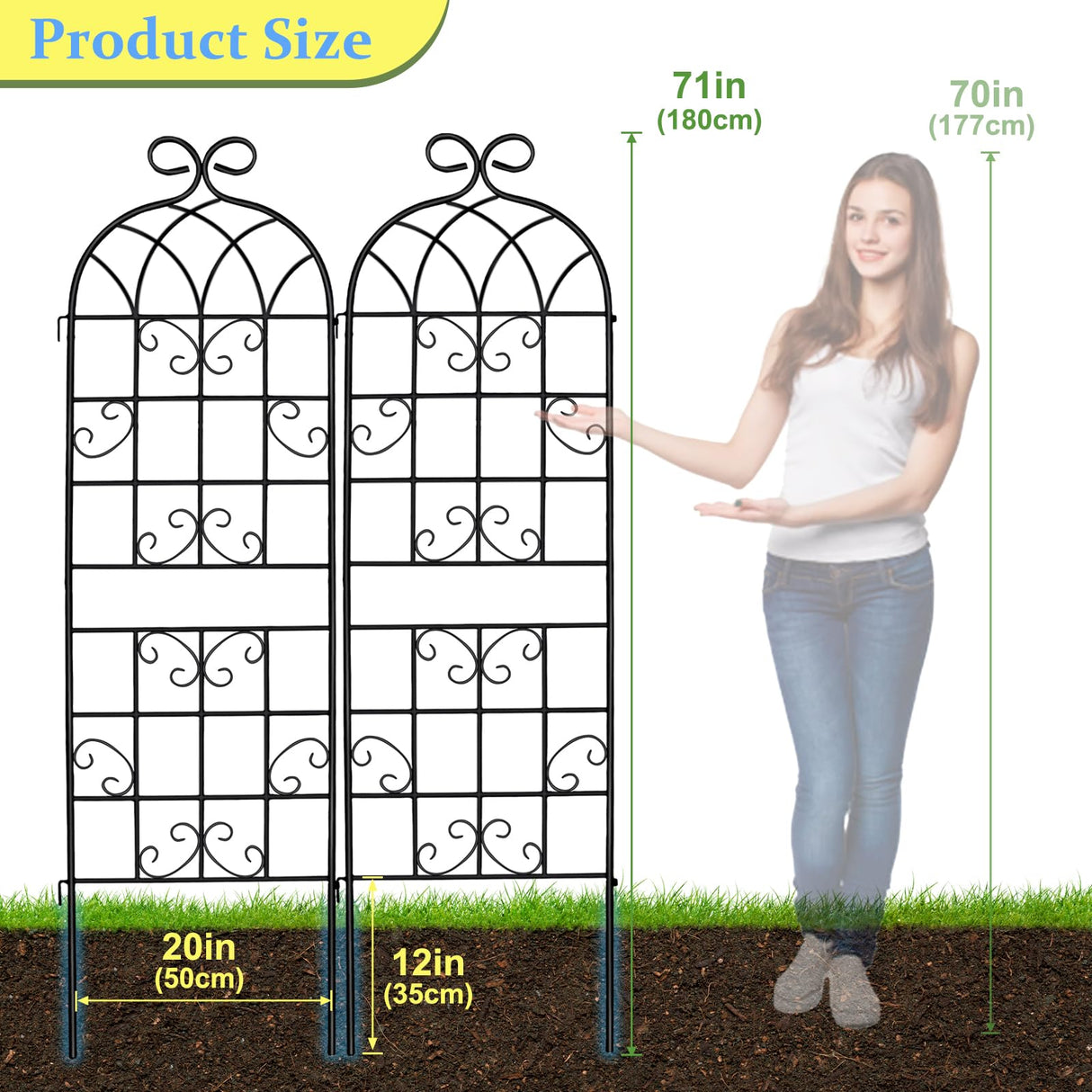 Lorenzo 2 Pcs 70 x 20 Inch Rustic Iron Garden Trellis for Climbing Plants Outdoor, Black Metal Arch Decoration Plant Supporting Perfect for Roses Flower Cucumbers Courtyards Lawns Clematis
