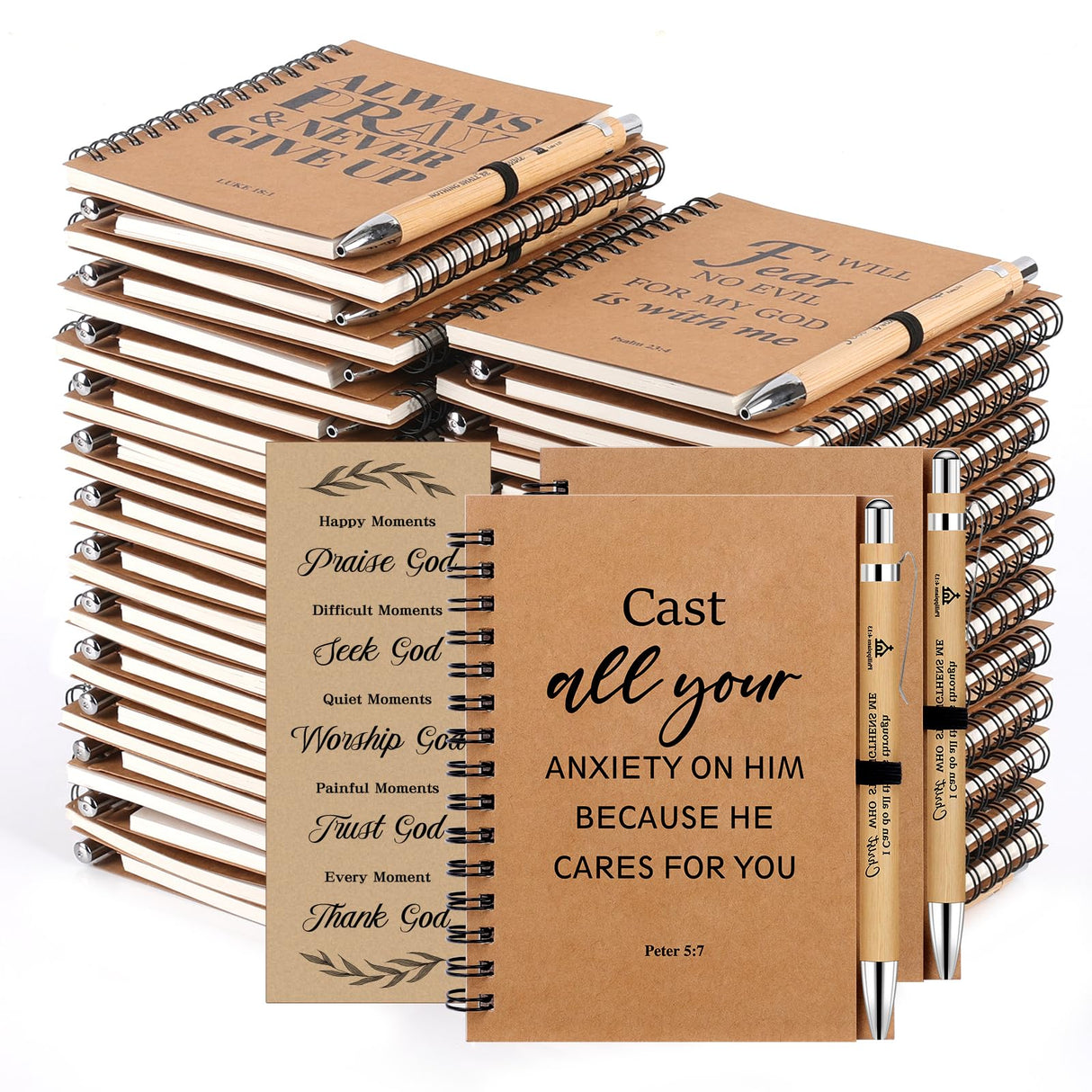 NEOACT 150 Pcs/50 Set Christian Gifts Bulk,Spiral Notebook with Bible Ballpoint Pen and Christian Bookmark,Prayer Journal Christmas Gifts for Staffs Coworkers Teachers Church Members & Pastor