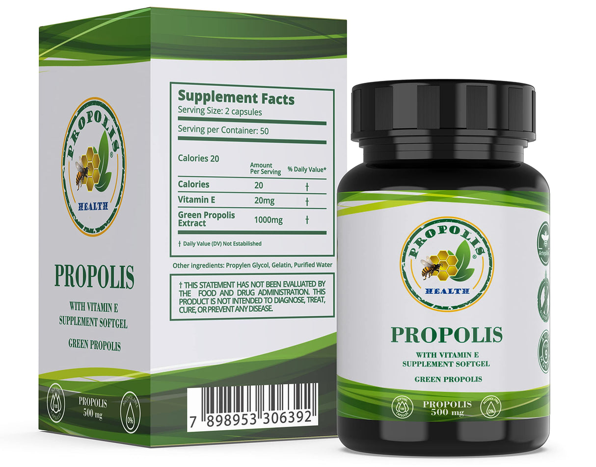 Propolis Health Propolis Capsules 1000mg-Daily with Vitamin E Per dose - Pure Brazilian Green Propolis Extract - Immune Booster 50 Days Supply -100 Capsules