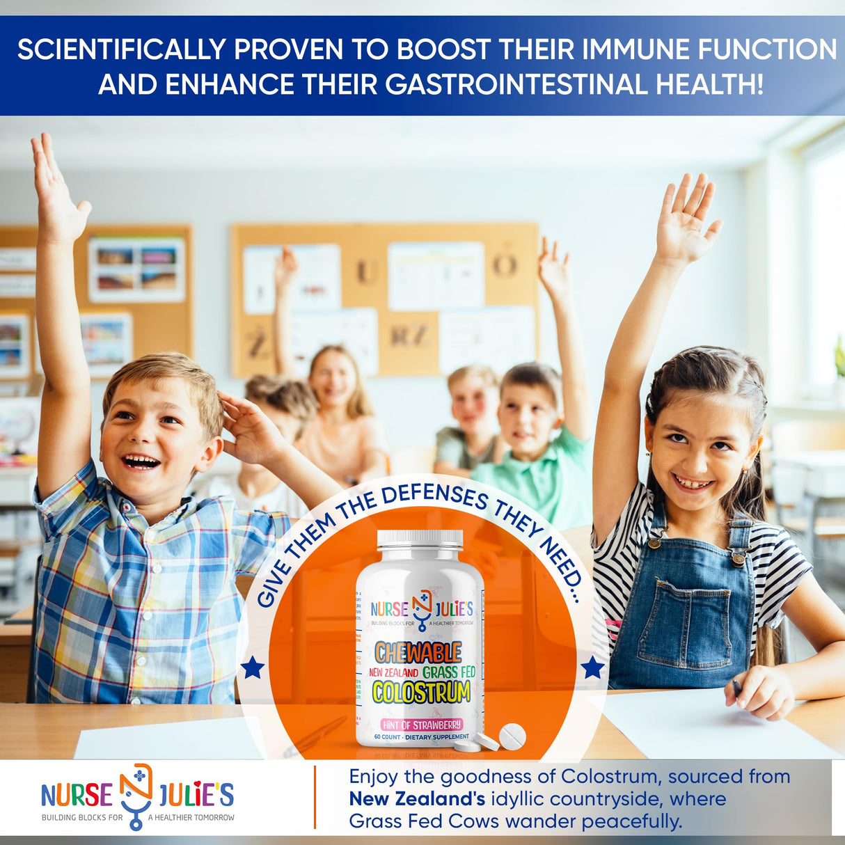 Nurse Julie's Chewable Colostrum Tablets for Kids - 100% Grassfed New Zealand Colostrum - Immune Support, Gut Health in Children - 60 Tablets - 2 Month Supply