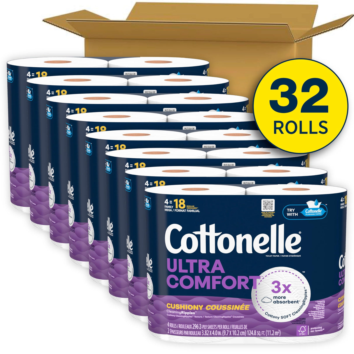 Cottonelle Ultra Comfort Toilet Paper with Cushiony CleaningRipples Texture, 32 Family Mega Rolls = 144 Regular Rolls (8 Packs of 4)