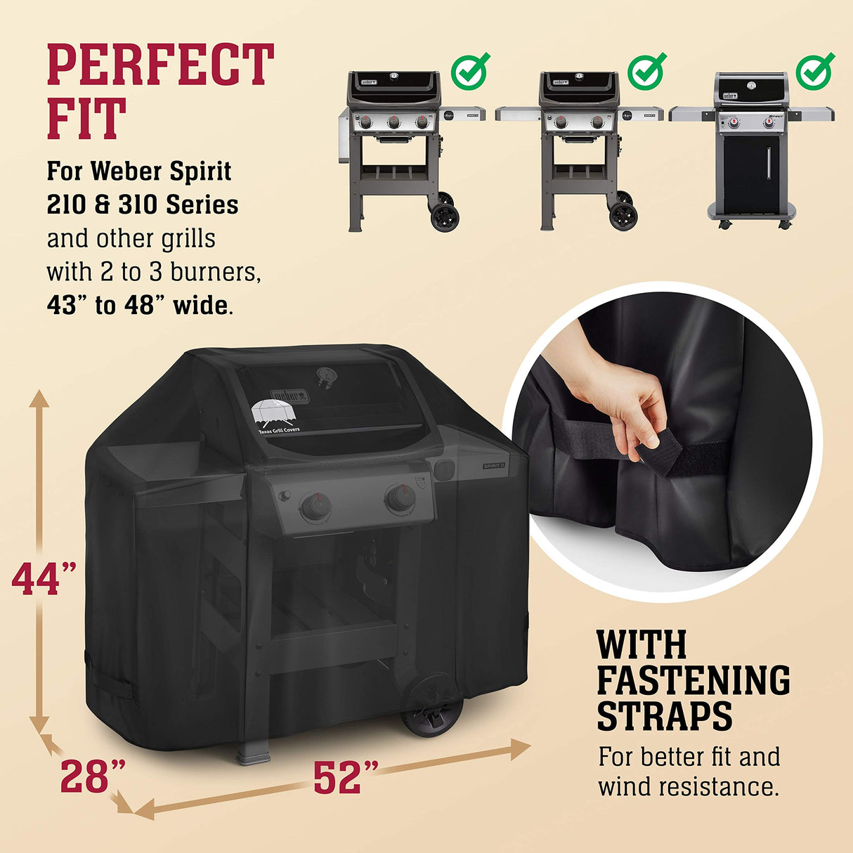 Texas Grill Covers - Grill Cover for Weber Spirit II 300, Sprit 300 and Spirit 200 Series / 7106 - Heavy Duty/Rip-Proof UV Resistant Fabric - Grill Brush and Barbecue Tongs Included- Black