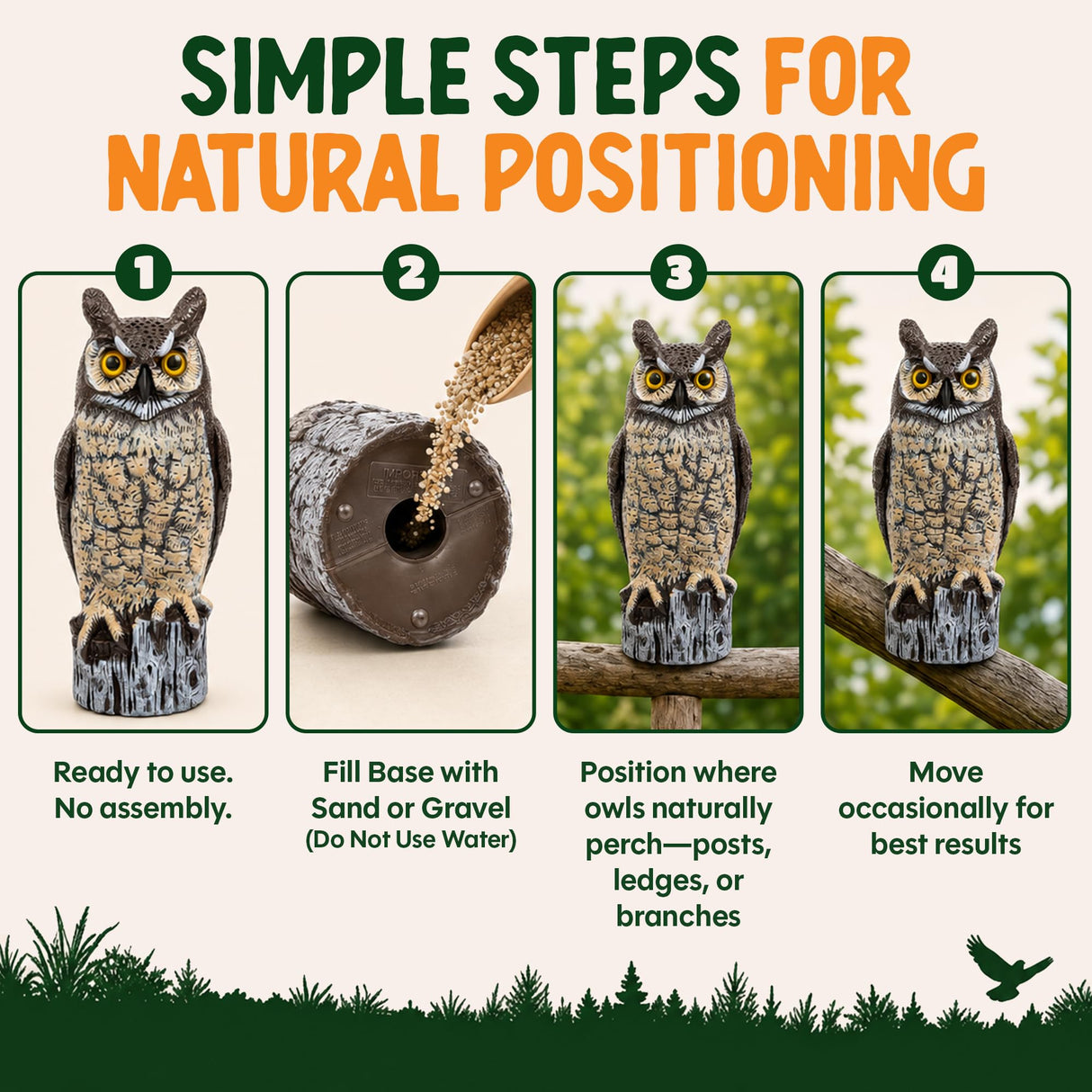 Dalen Lifelike Great Horned Owl Decoy Bird Repellent - 16in Hand-Painted Scarecrow for Gardens & Rooftops, Bird Deterrent, Fixed-Head Design, Fill Base with Sand/Gravel Only - Multicolor