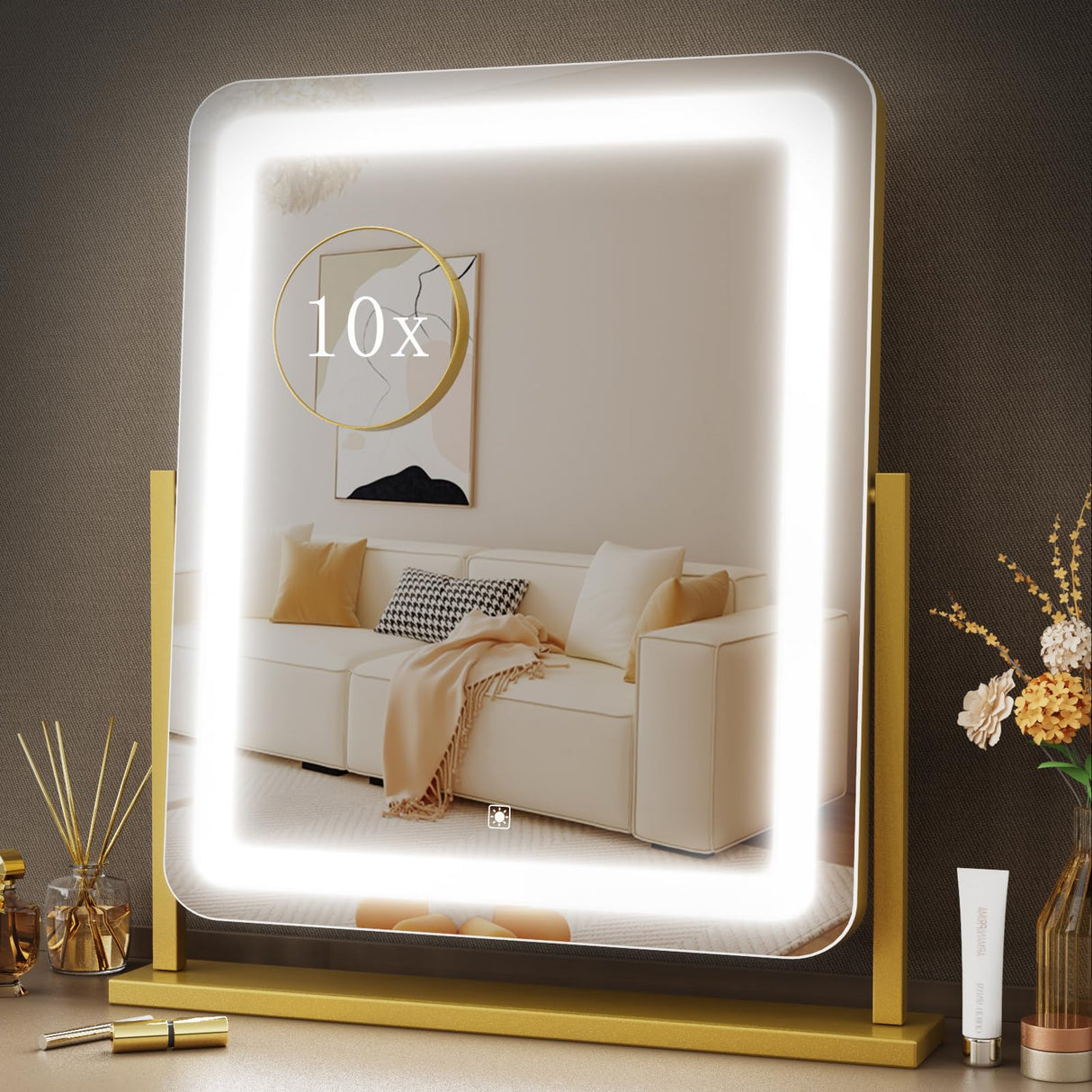 Lighted Makeup Mirror, Hollywood Vanity Mirror with Lights, Three Color Lighting Modes, and Detachable 10X Magnification Mirror, Smart Touch Control, 360°Rotation (15.2in. Gold)
