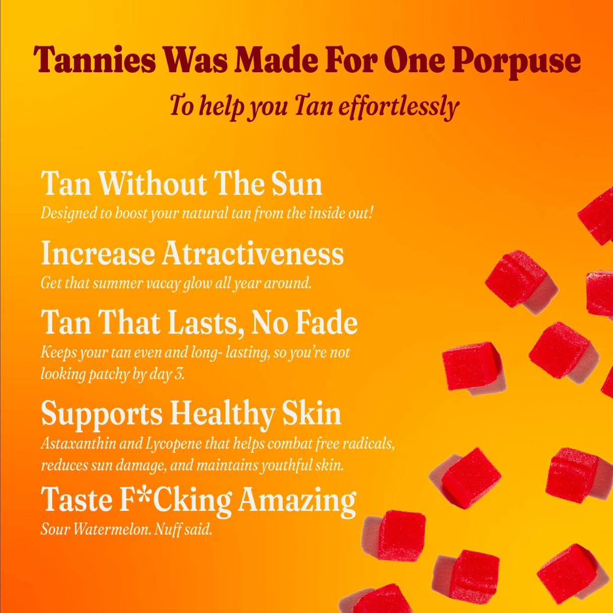Tannies Tanning Gummies | Natural Tanning Supplement with Astaxanthin, Lycopene & Beta Carotene | Vegan, Non-GMO | Boost Melanin for Radiant Skin | 30-Day Supply for Skin Health & Glow