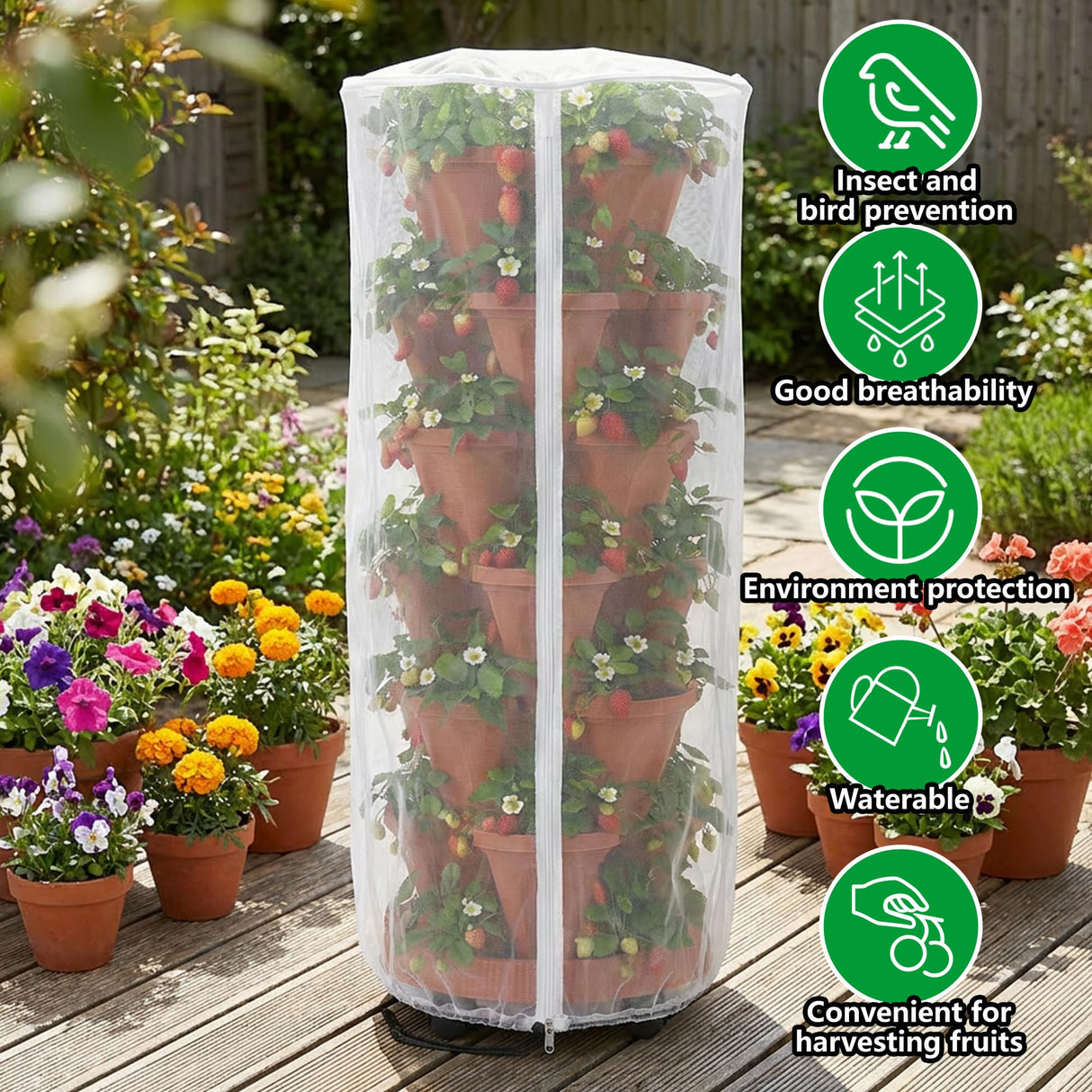 2 Pcs Vertical Plant Pot Insect Netting with Zipper, 59"x22" Stackable Planter Garden Net Cover, 6 to 7 Tier Planter Pot Insect Bird Barrier Protection Mesh for Strawberry Herb Flower Fruit Vegetable