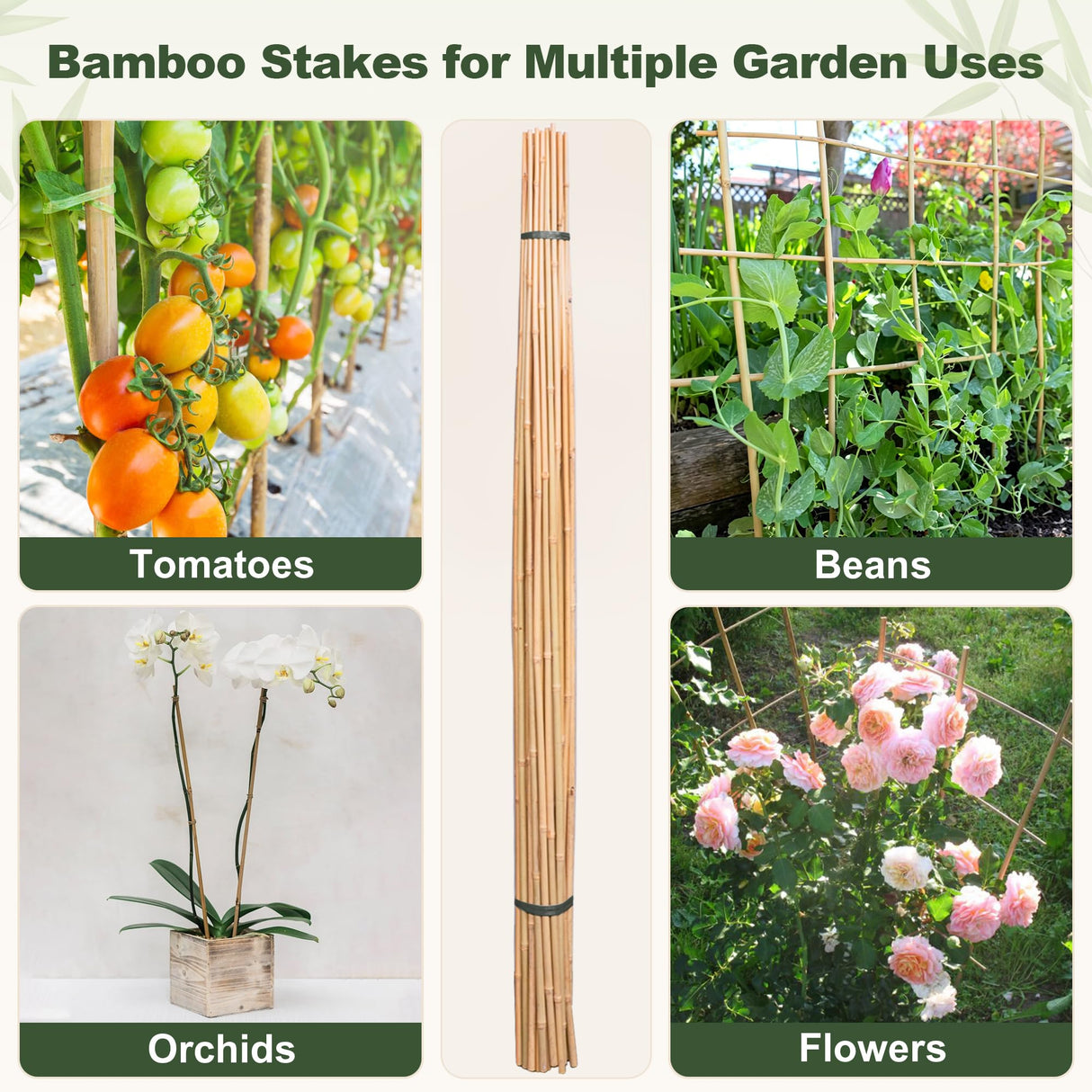 Natural Bamboo Poles, 7 Feet Bamboo Sticks for Plants, Wood Garden Stakes for Tomato, Bean, Flowers, Trees Potted and Climbing Plants, 15 Pack