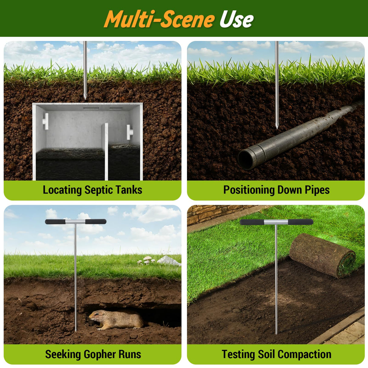 Soil Probe Rod, 33"-48" Septic Tank Locator Tool, Stainless Steel Probing Rod, Ground Probe Rod with T Handle, Ground Rod Tool for Soil Compaction, Gardening, Locating Underground Pipes & Gopher Runs