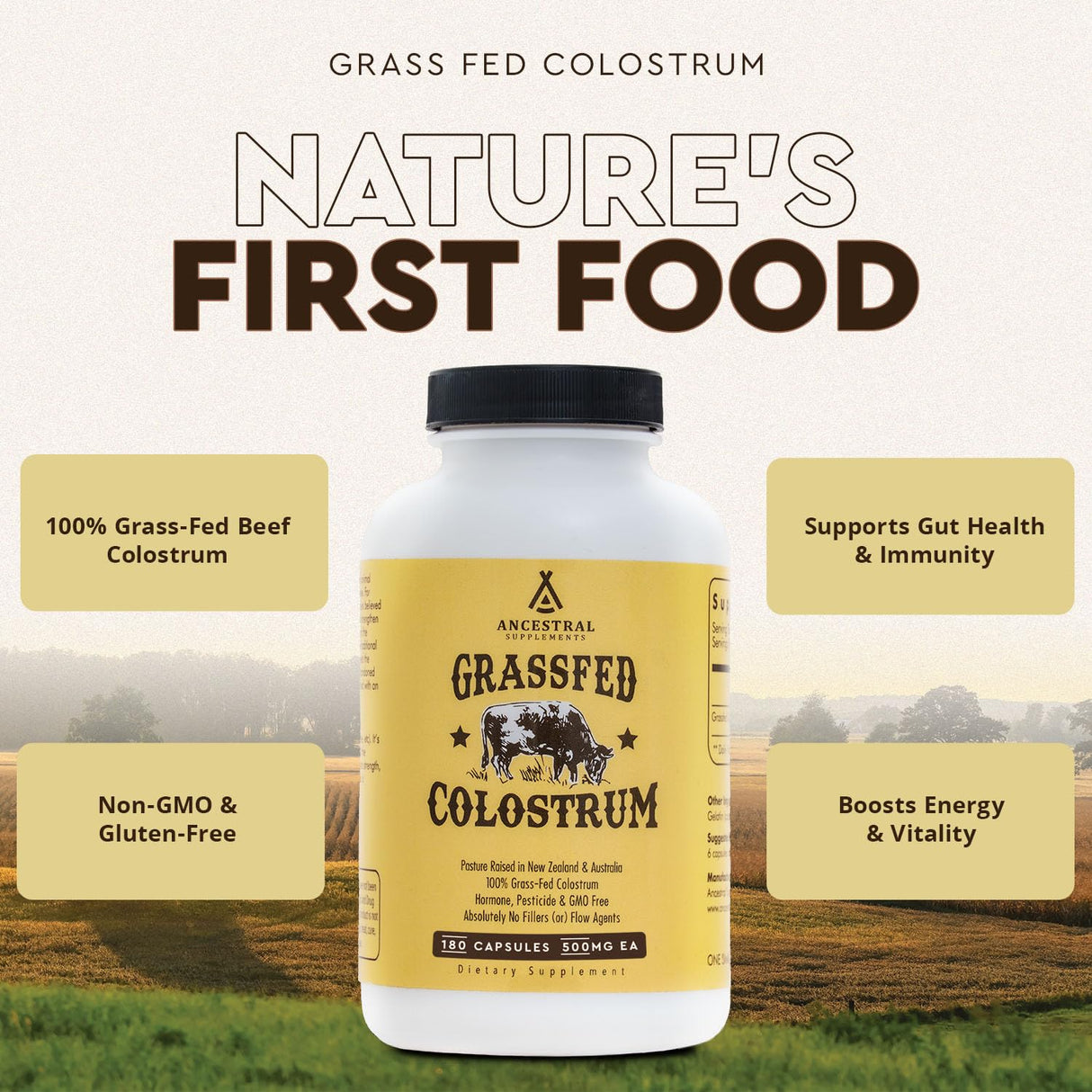 Ancestral Supplements Grass Fed Beef Colostrum Supplement, 3000 mg, Offers Immune Support and Promotes Gut Health, Athletic Performance, Healthy Iron Levels, Growth and Repair, Non GMO, 180 Capsules