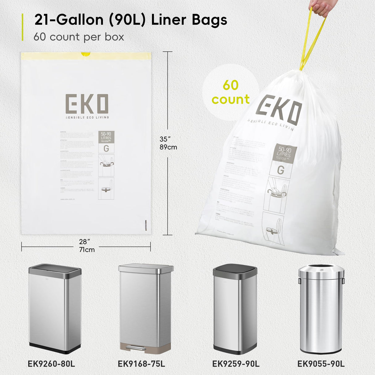 EKO 21 Gallon / 80 Liter Drawstring Trash Bags, Extra-Strong Garbage Bags, Fresh Floral Scent with Continuous Odor Control, 60 Count Easy-Dispense Roll for Kitchen and Household Use, Code G, White
