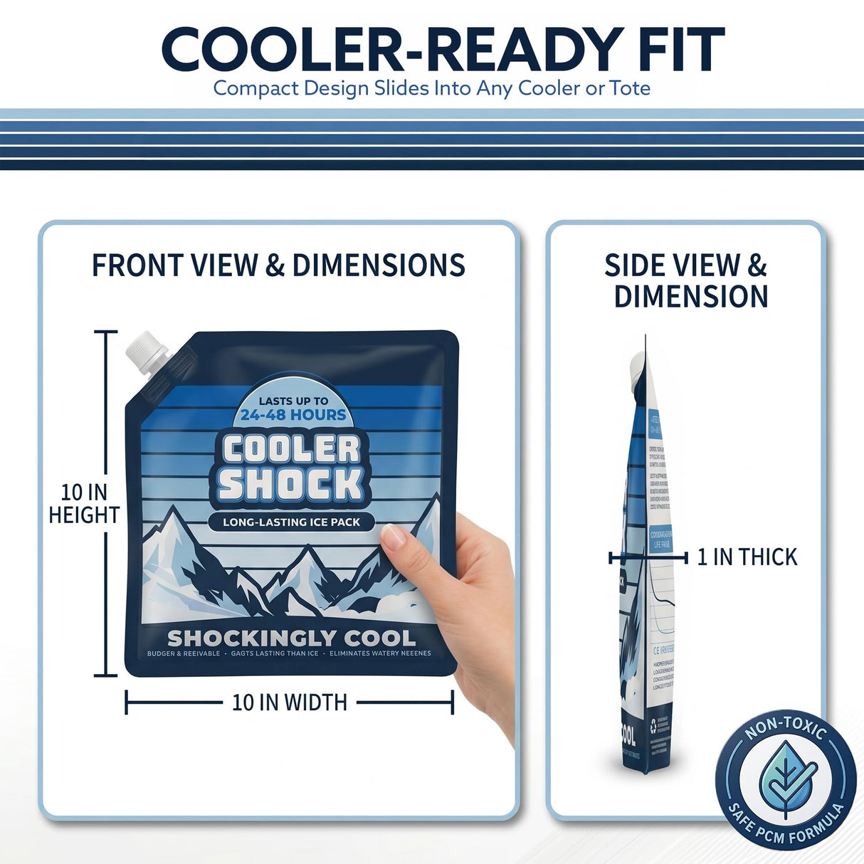 Cooler Shock 4-Pack Mid-Size 10x10 Reusable Ice Packs - Freezes to 18°F / -8°C - Long Lasting Freezer Packs for Coolers and Lunch Boxes - Camping, Fishing, Road Trips, Beach