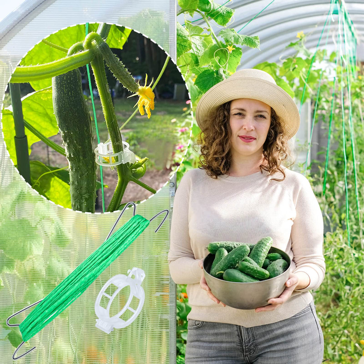 HFXXAD 70Pcs Tomato Hooks with String, Tomato Support Hooks, Tomato Holder Hooks & Plant Support Clips with 33.3ft Twine to Prevent Tomatoes from Pinching or Falling Off