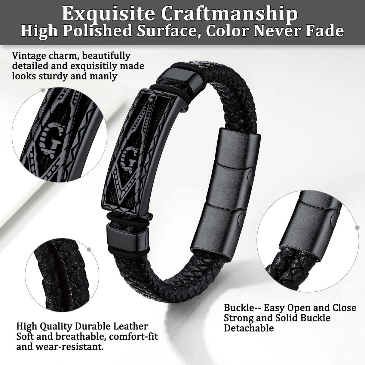 Bestyle Solid Black Freemason Symbol Masonic Leather Braided Bracelets for Men Vintage Cuff Bangle Bracelets Wrist Leather Band With Study Clasp