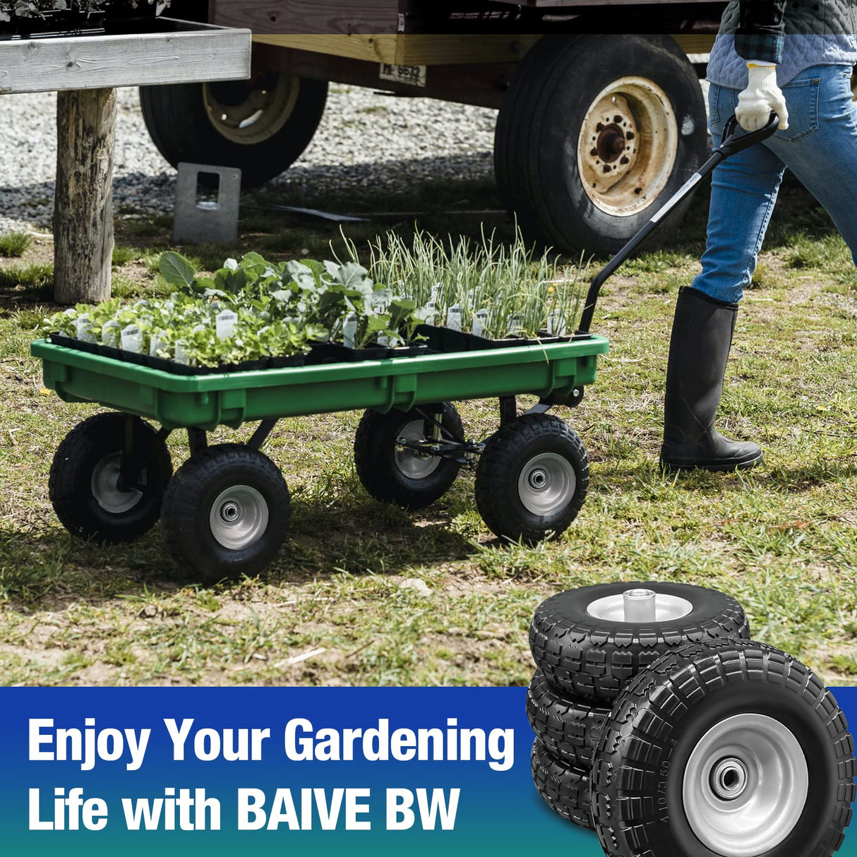 4 Pcs 4.10/3.50-4 Flat Free Tires and Dolly Wheel,10" Solid Non-inflated Tires Wheels with 5/8 Ball Bearings, 2.24" Offset Hub for Wheelbarrow, Wagon Carts, Trolley, Hand Truck, Various Tool Carts