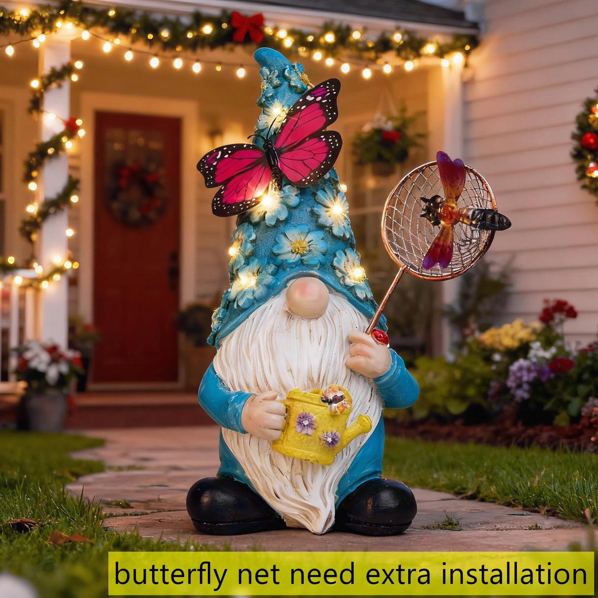 Foreby Garden Gnome Statues Outdoor Decor Solar Gnomes with Butterfly on LED Lighted Flowers, Resin Blue Gnomes Sculpture for Patio Yard Lawn Onament Decoration