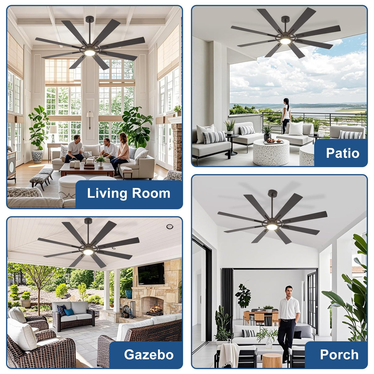 BvenuBigLite Large Ceiling Fans with Lights: Modern 72 Inch 8 Blade Outdoor Ceiling Fan with Remote APP Control - Dimmable Black Big Fan Light Indoor Reversible 6 Speed Quiet DC Motor