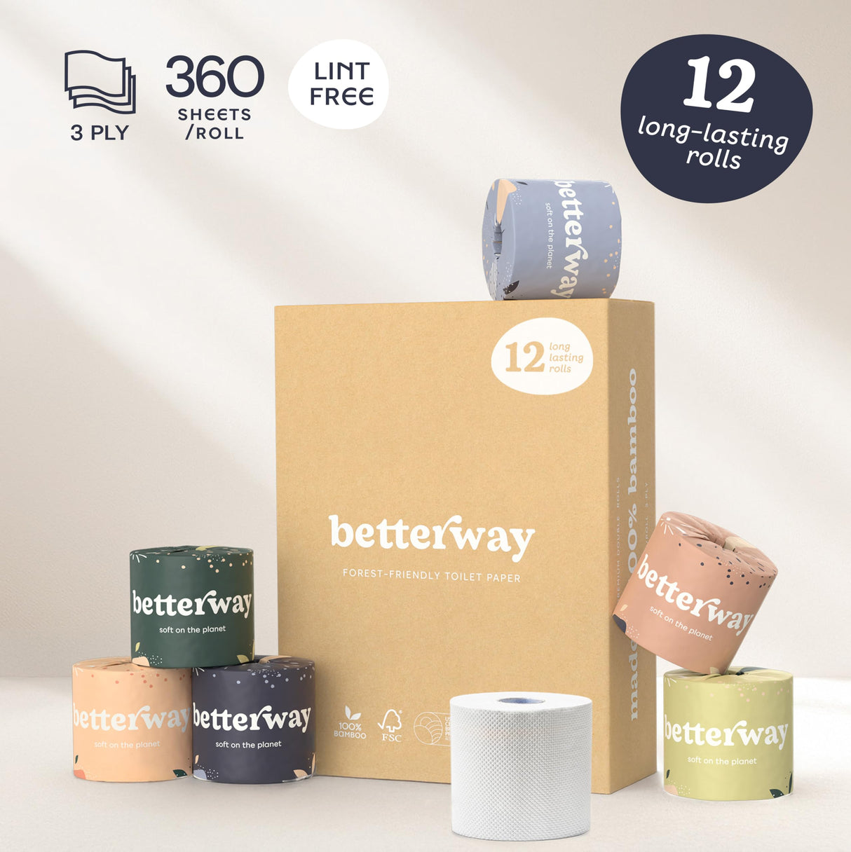 Betterway Bamboo Toilet Paper 3 Ply - Sustainable Toilet Tissue - 12 Long-Lasting Rolls & 360 Sheets Per Roll - Septic Safe - Organic, Plastic & PFAS Free - FSC Certified