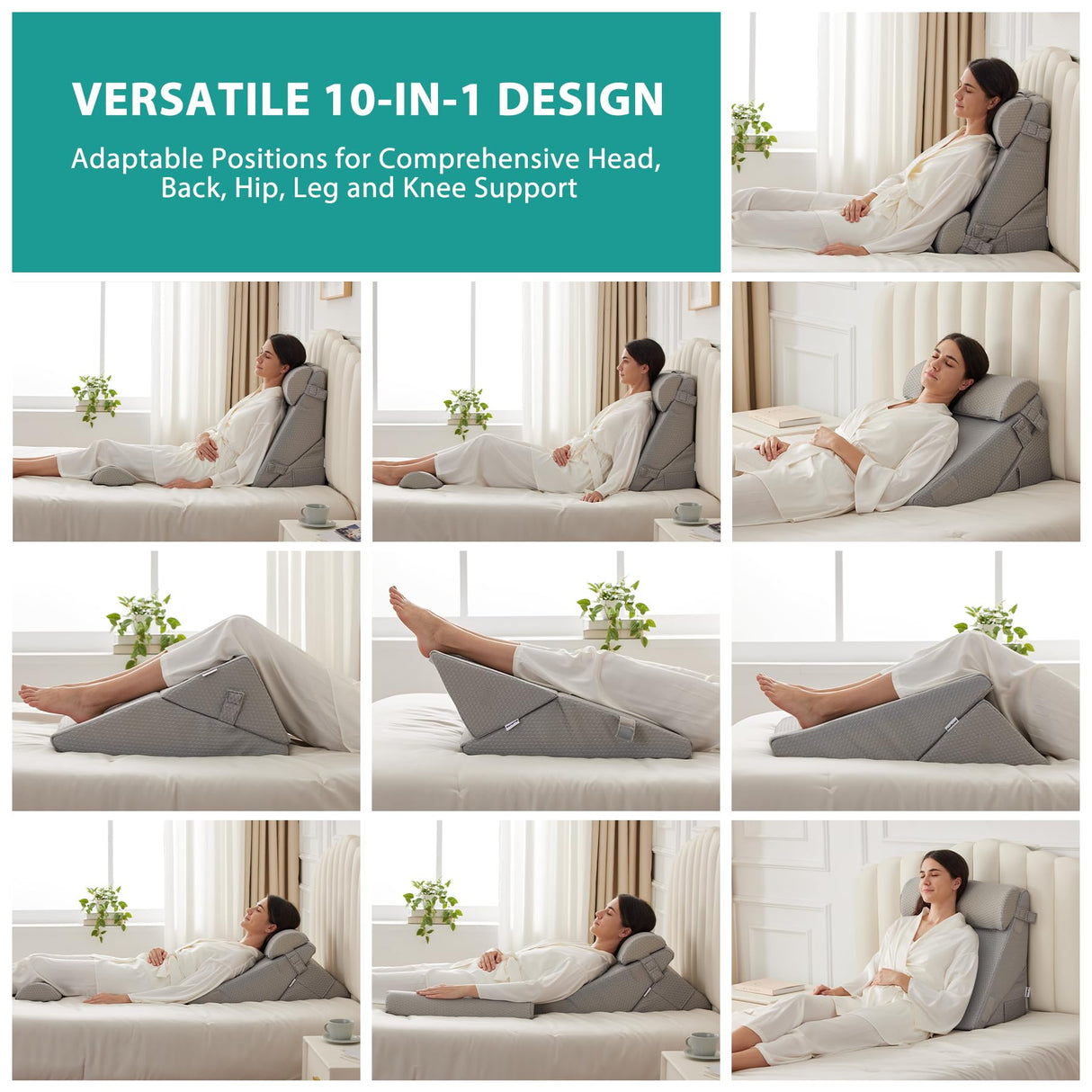 Bedluxe Adjustable 4pcs Bed Wedge Pillow Set, Memory Foam Wedge Pillows Post Surgery for Back, Neck, Leg Pain Relief, Pillow Wedge for Sleeping, Sitting up in Bed, Acid Reflux and GERD, Grey