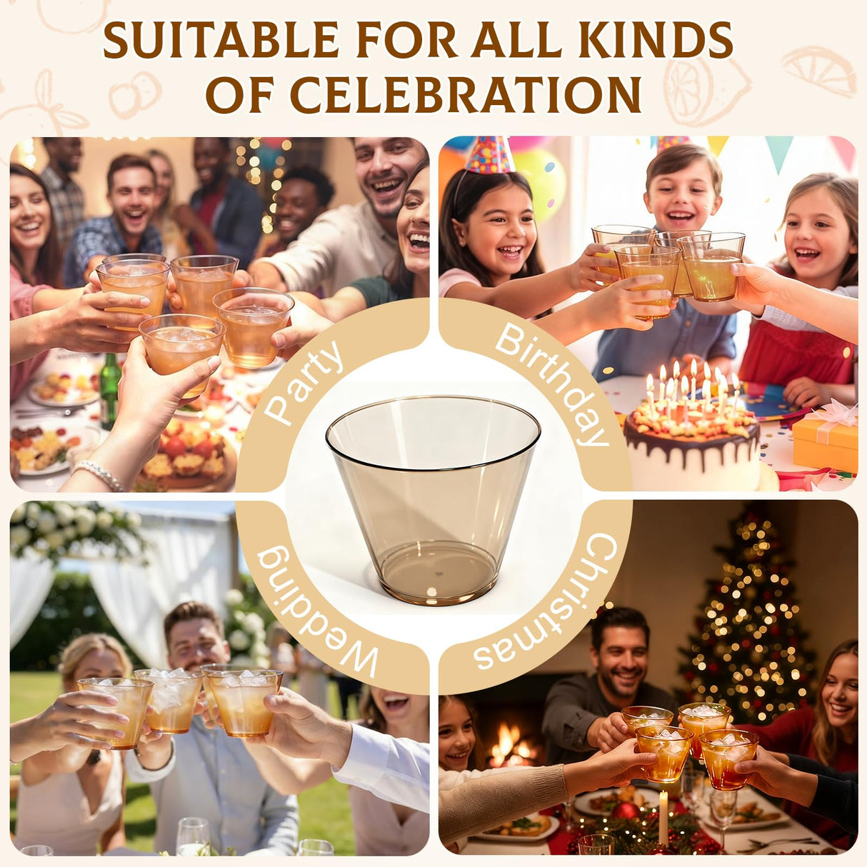 Glowserve 150 Pack Plastic Cups 9 oz Brown Clear Plastic Cups for Cocktail Fancy Disposable Cup for Party Stemless Wine Glasses for Wedding Thanksgiving Christmas Party Graduation