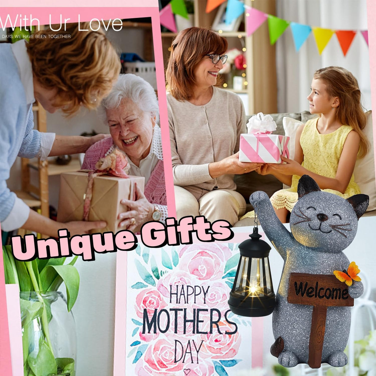 Juegoal Garden Statue Solar Cat Figurine with LED Lantern, Mothers Day 10" Resin Kitten Hold Welcome Sign, Outdoor Whimsical Lawn Porch, Lighted Housewarming Birthday for Mom Grandma