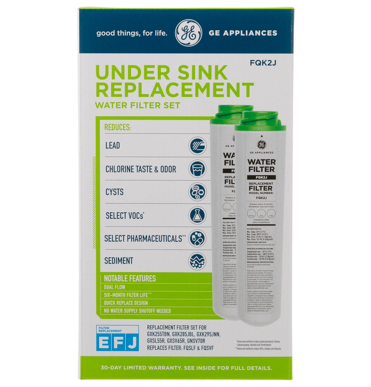 GE Under Sink Water Filter Replacement, Dual Flow, Reduces Sediment, Rust & Other Impurities from Water, Fits GXK255TBN Under Sink Filtration System, Replace Every 6 Months, FQK2J, 2 Filters