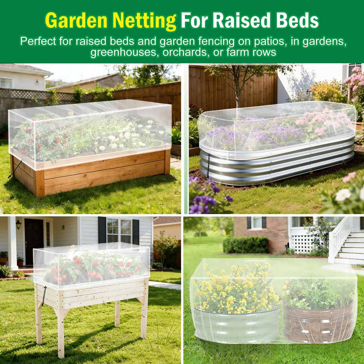 2 Pack Garden Netting for Raised Beds, 4.8X2.2FT Drawstring Plant Covers