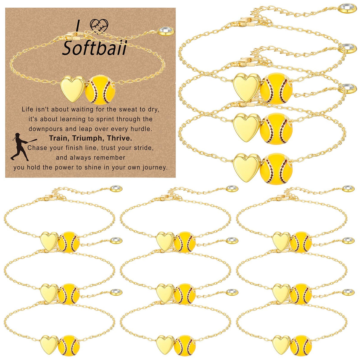 Tondiamo 12 Sets Baseball Volleyball Softball Soccer Tennis Football Bracelet for Women Dainty Gold Plated Heart Bracelets Sport Lovers Gifts Sports Jewelry Gifts(Softball)