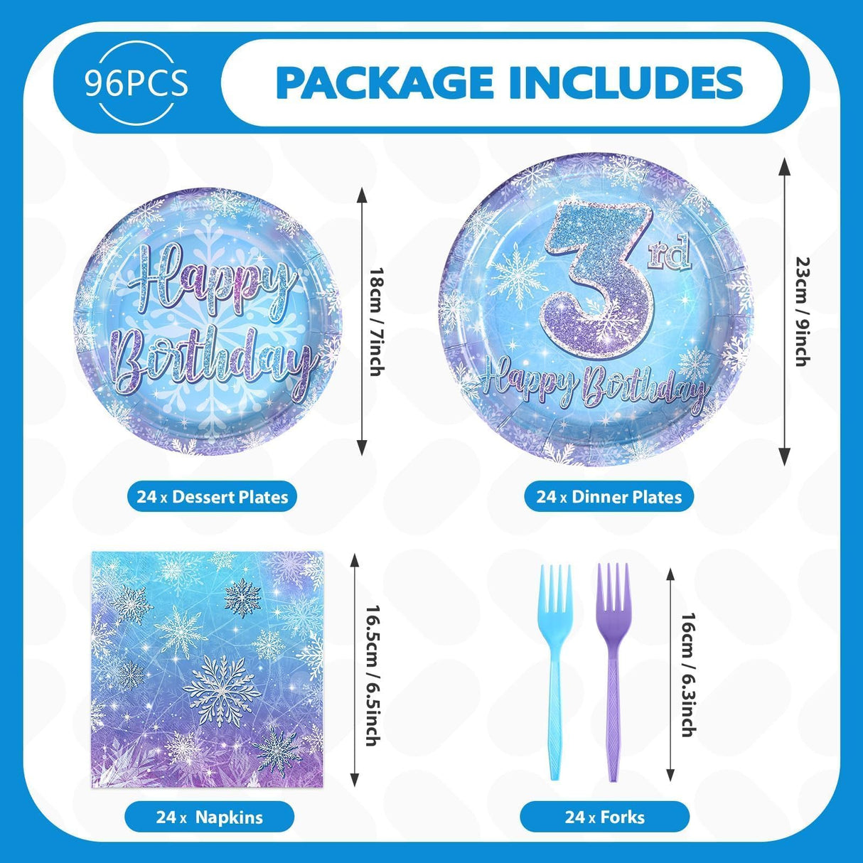 Grencian 96Pcs Frozen Party Supplies Plates Winter Onderland 3rd Birthday Plates Winter Snowflake Happy 3rd Birthday Tableware Disposable for Kids Girls Frozen Themed Party Christmas