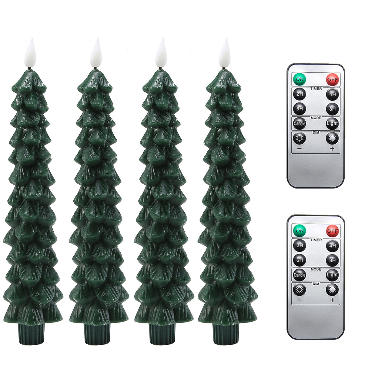 Fo32won Christmas Tree Shaped Flameless Candlesticks Battery Operated with Remote and Timer, Set of 4 Real Wax LED Taper Candles with 3D Flickering Wick for Christmas Decoration Gift