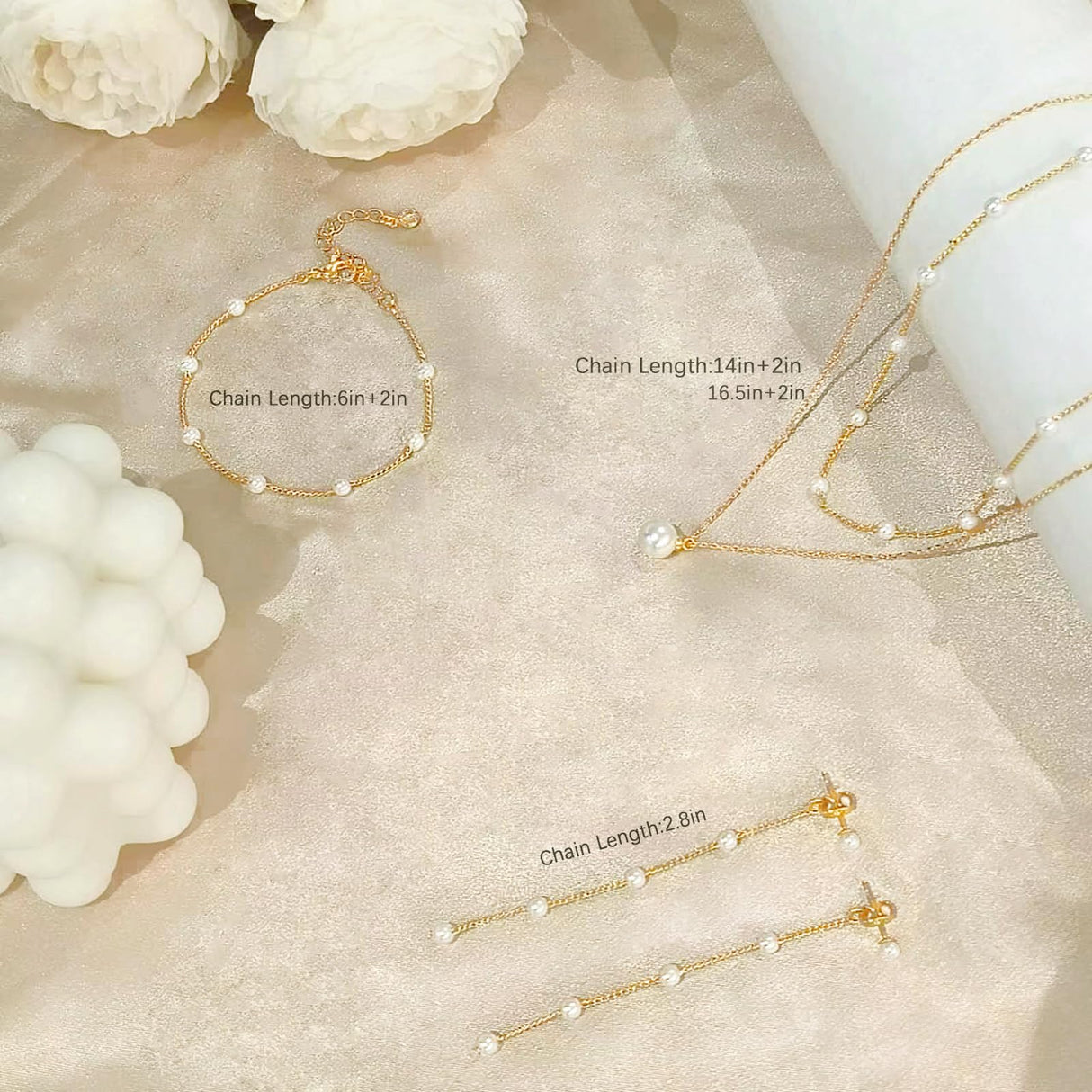 HERIER Gold Jewelry Set for Women Dainty Pearl Necklace for Women 14K Gold Plated Pearl Necklace and Earring Set Drop Earrings Bracelets Trendy Bride Jewelry