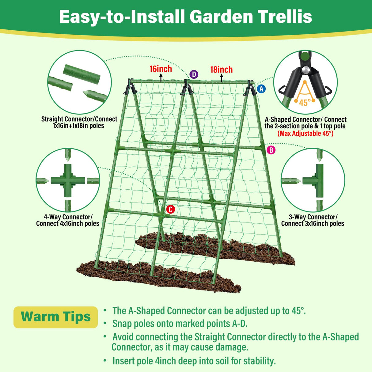 Sunwinx 2Pack 51x35Inch Cucumber Trellis for Raised Bed, Adjustable A-Frame Garden Trellis for Climbing Plants Outdoor with Climbing Net, Meal Plant Trellis for Vegetables Pea Bean Tomato Squash Grape