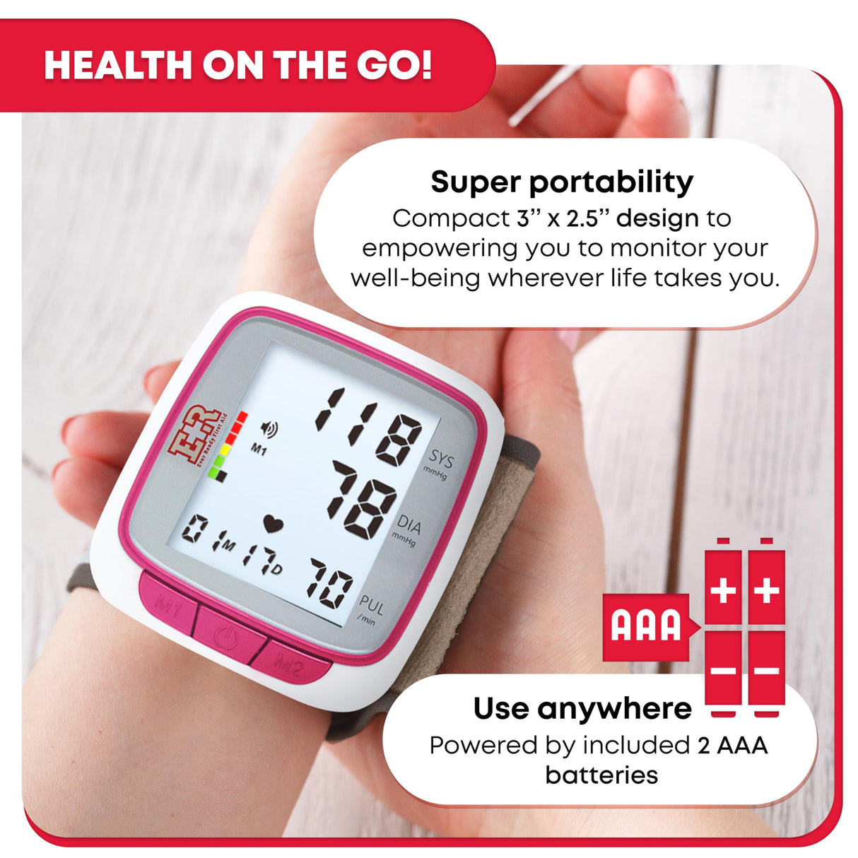 Ever Ready First Aid Fully Automatic Blood Pressure Wrist Cuff Watch Wearable Monitor for Home Use - Pink- Batteries Included