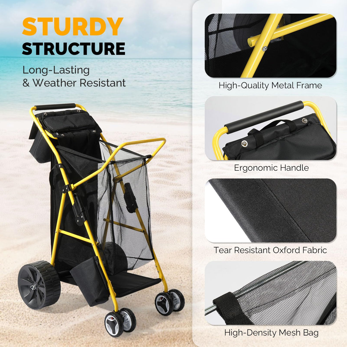 Bonnlo Beach Fishing Cart for Sand, Solid Wheel 11" Large All Terrain Wheels, Foldable Beach Wagon, Insulated Bag, 165lbs Capacity, Large Storage Space