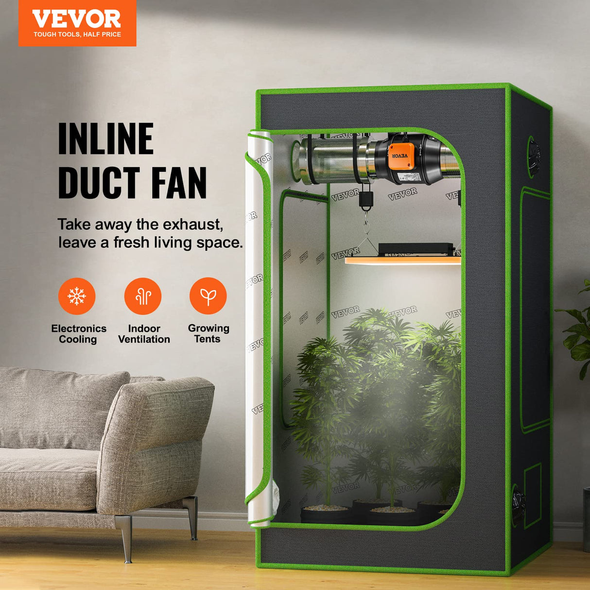 VEVOR Inline Duct Fan, 6-Inch 402 CFM with Temperature Humidity Controller, Quiet EC-Motor Ventilation Exhaust Fan for Cooling Booster, Grow Tents, Hydroponics
