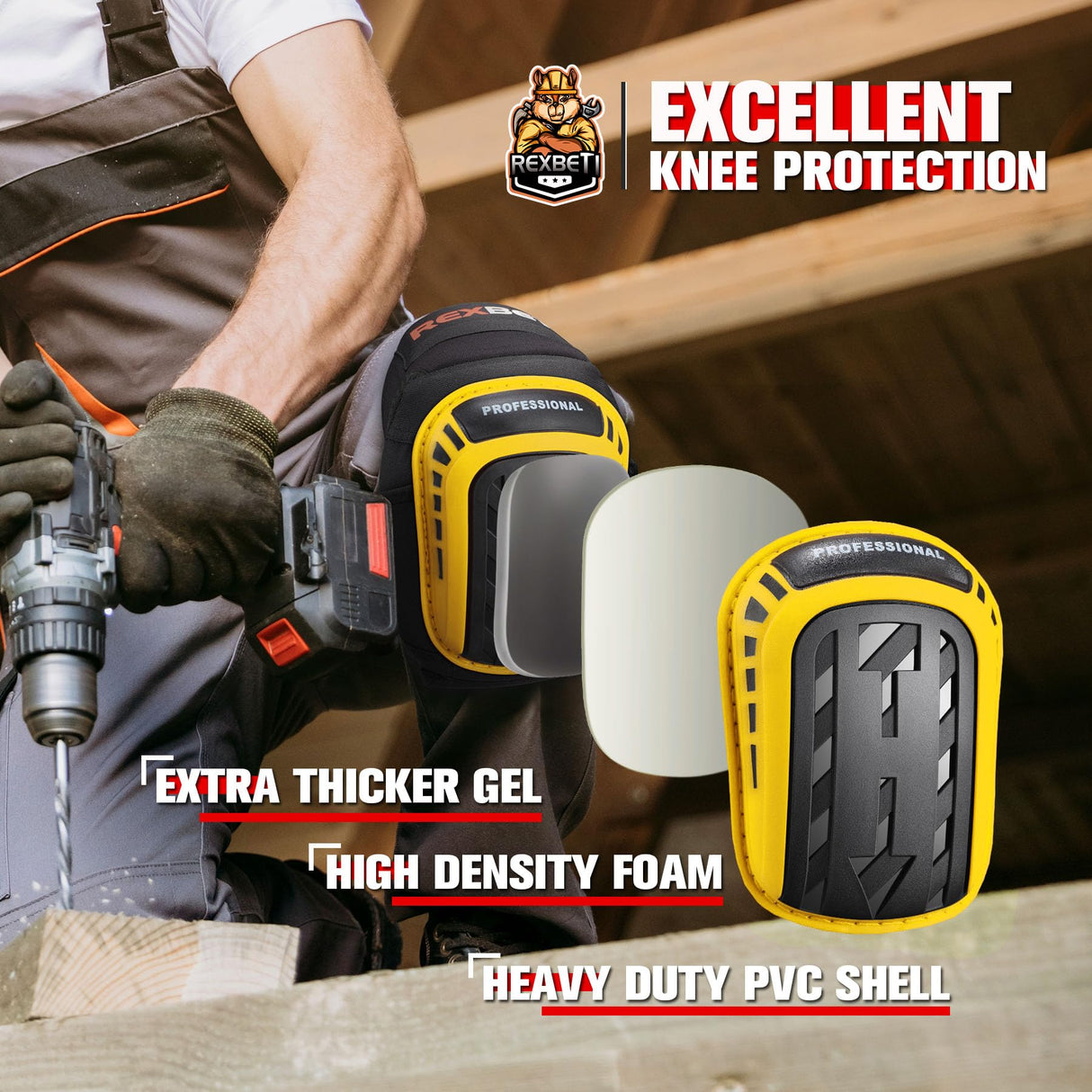 REXBETI Knee Pads for Work, Construction Knee Pads for Men, Heavy Duty Comfortable Anti-slip Foam Gel Knee Pads for Gardening Flooring and Cleaning, Strong Stretchable Straps, Yellow